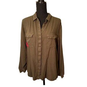 Rock & Republic Military Green Blouse with Rose Embroidery, Women’s Size XL
